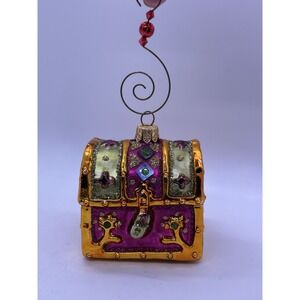 Blown Glass Treasure Chest Christmas Ornament Hand Painted Gold Purple Jewel